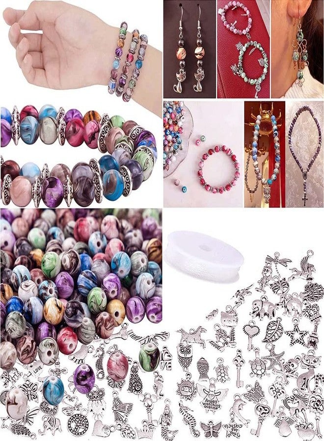 DIY Crafts 5 Kits, Random Sizes, Jewelry Making Kit, 1 Set Contain = 10x Tibtyan Charms 20x Space Acrylic Beads in Ink Patterns 1x Crystal String 25x Beads 4-8mm, for Bra(5 Kits, Random Sizes) - Image 1